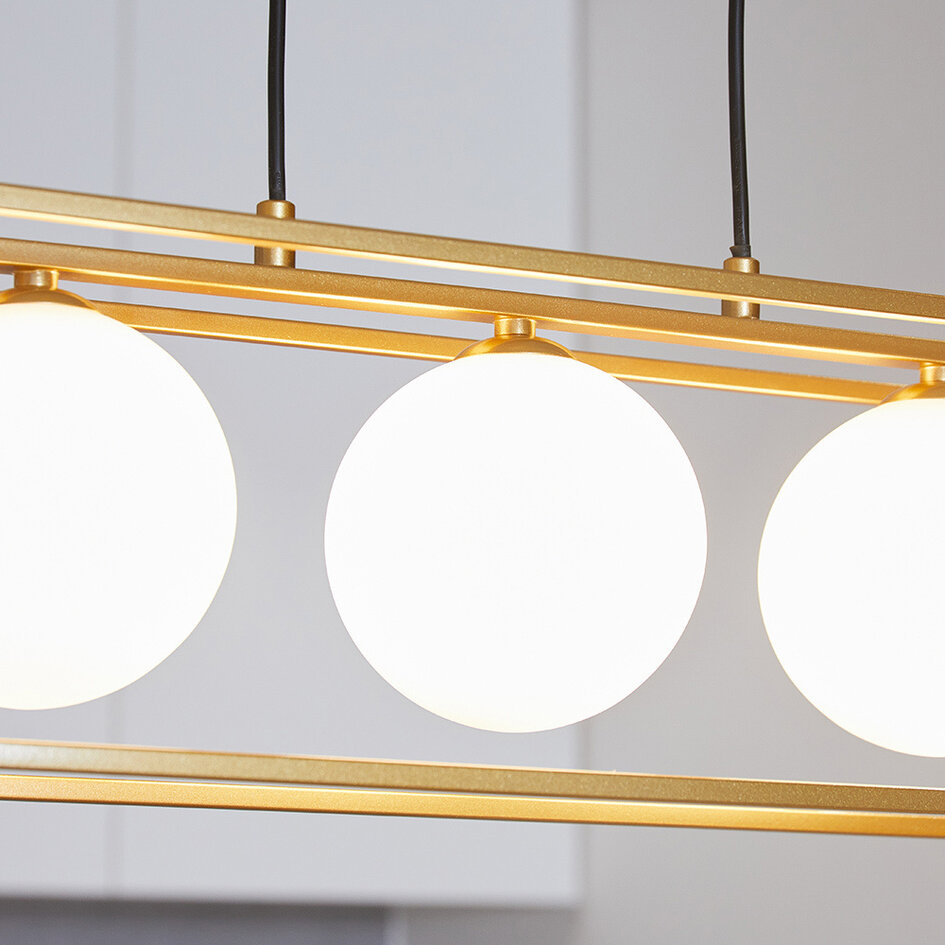 Lampe suspendue avec cadre carré doré et verre blanc laiteux, 3 lumières - Gabia