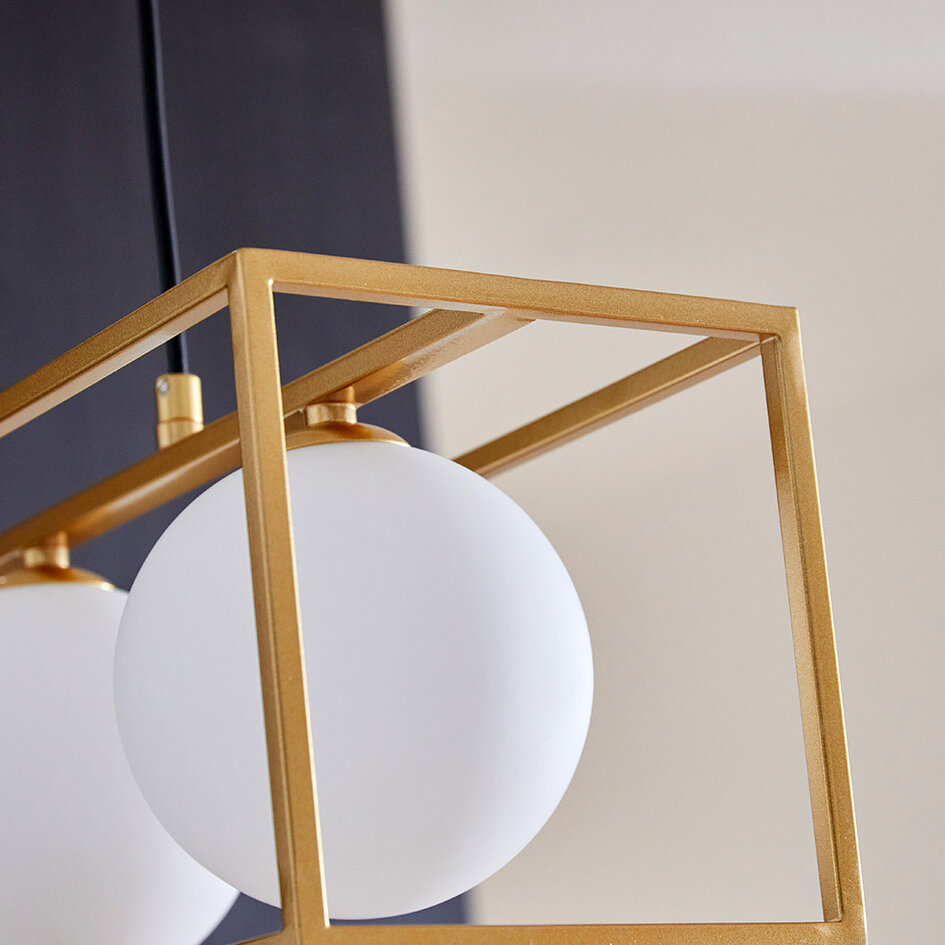 Hanglamp met vierkant gouden frame en melkwit glas, 3-lichts - Gabia