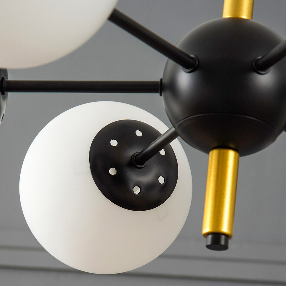 Suspension design noir avec verre blanc laiteux, 6 lumières - Callie