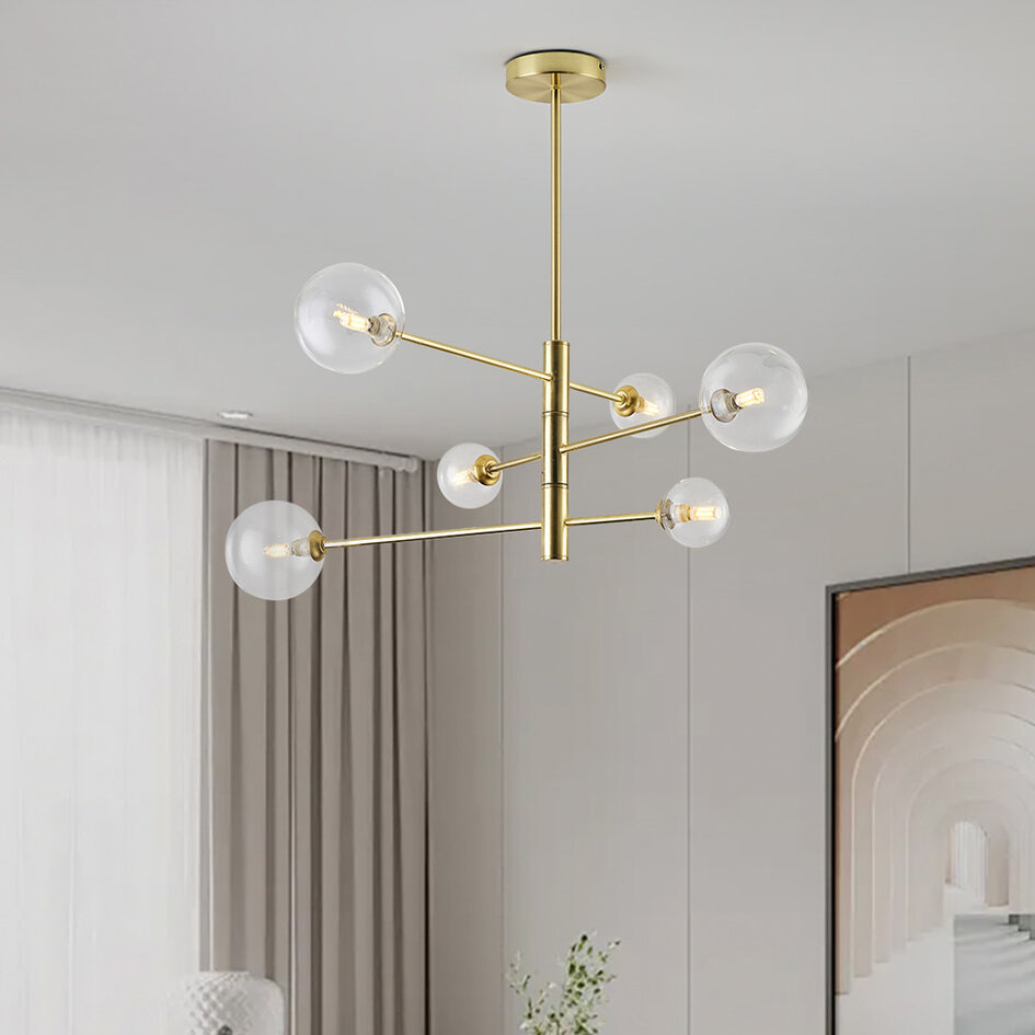 Plafondlamp Sest goud met transparant glas, 6-lichts