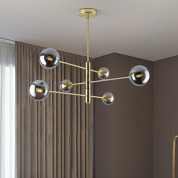 Plafondlamp Sest goud met smoke glas, 6-lichts