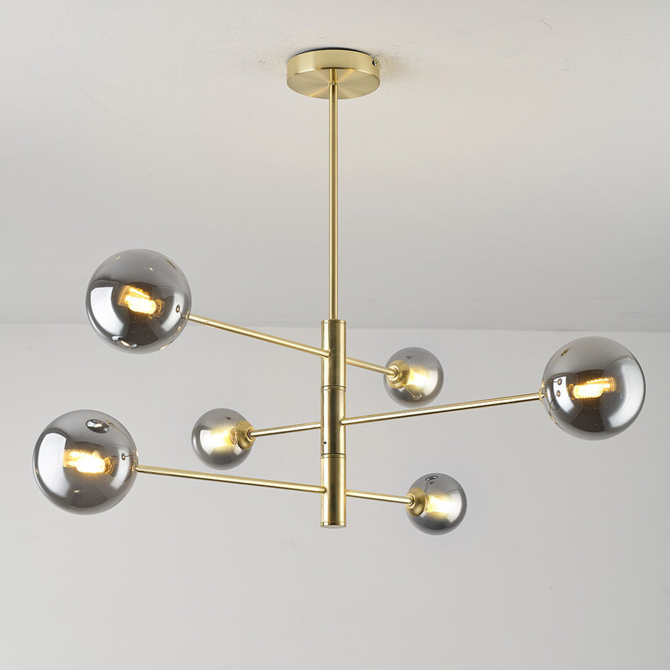 Plafondlamp Sest goud met smoke glas, 6-lichts