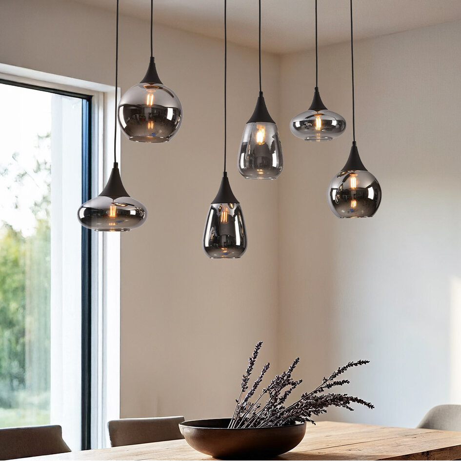 Suspension noire avec verre fumé, 6 lumières - Loic