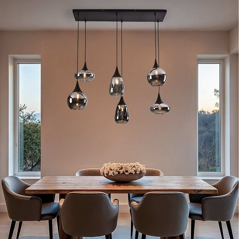 Suspension Loic 6 lumières - noir, verre fumé gris et effet miroir