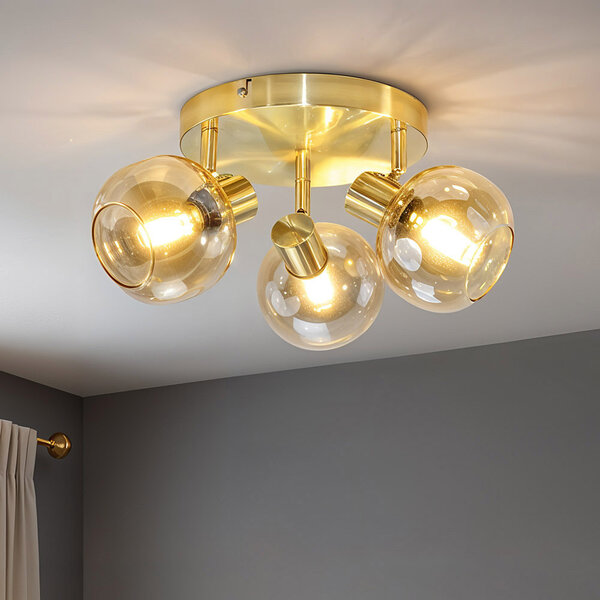 3-lichts ronde plafondlamp Jenthe - goud met amber glas