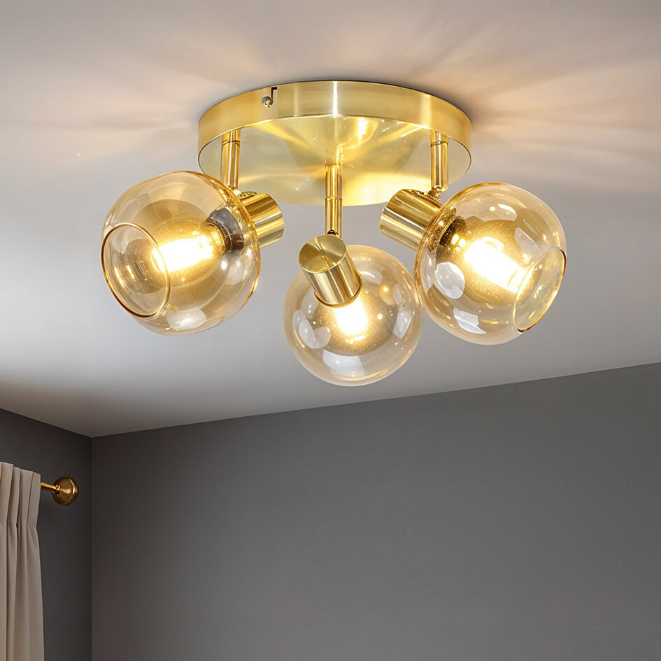 Ronde plafondlamp goud met amber glas, 3-lichts - Jenthe