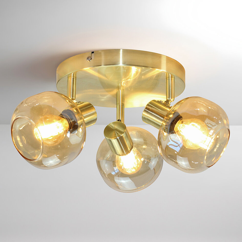 Plafonnier rond doré avec verre ambré, 3 lumières - Jenthe