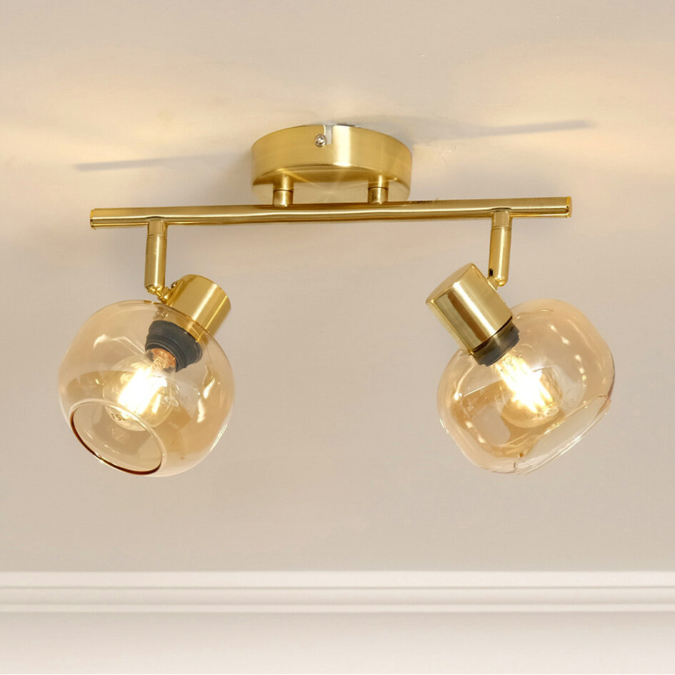 2-lichts plafondlamp Jenthe - goud met amber glas