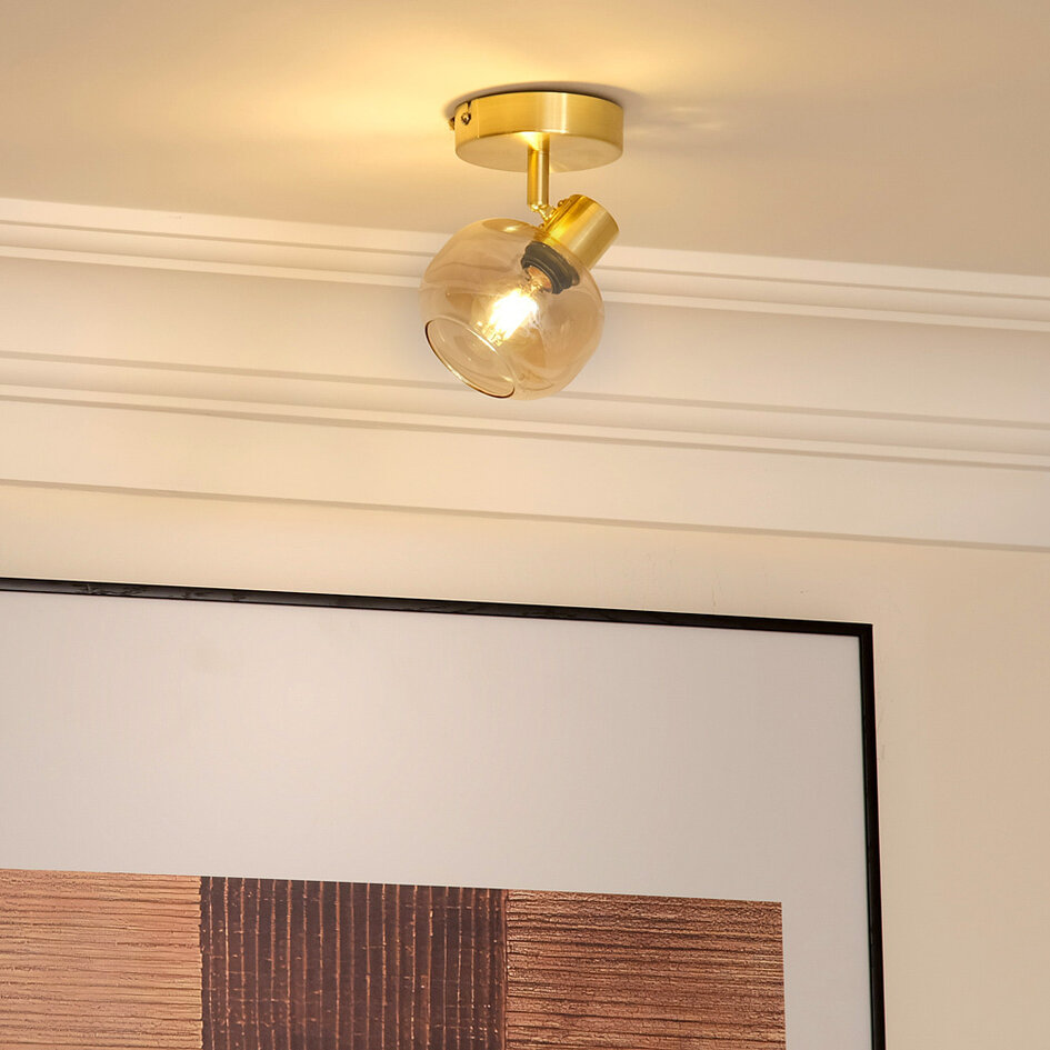 Plafonnier doré avec verre ambré, 1 lumière - Jenthe