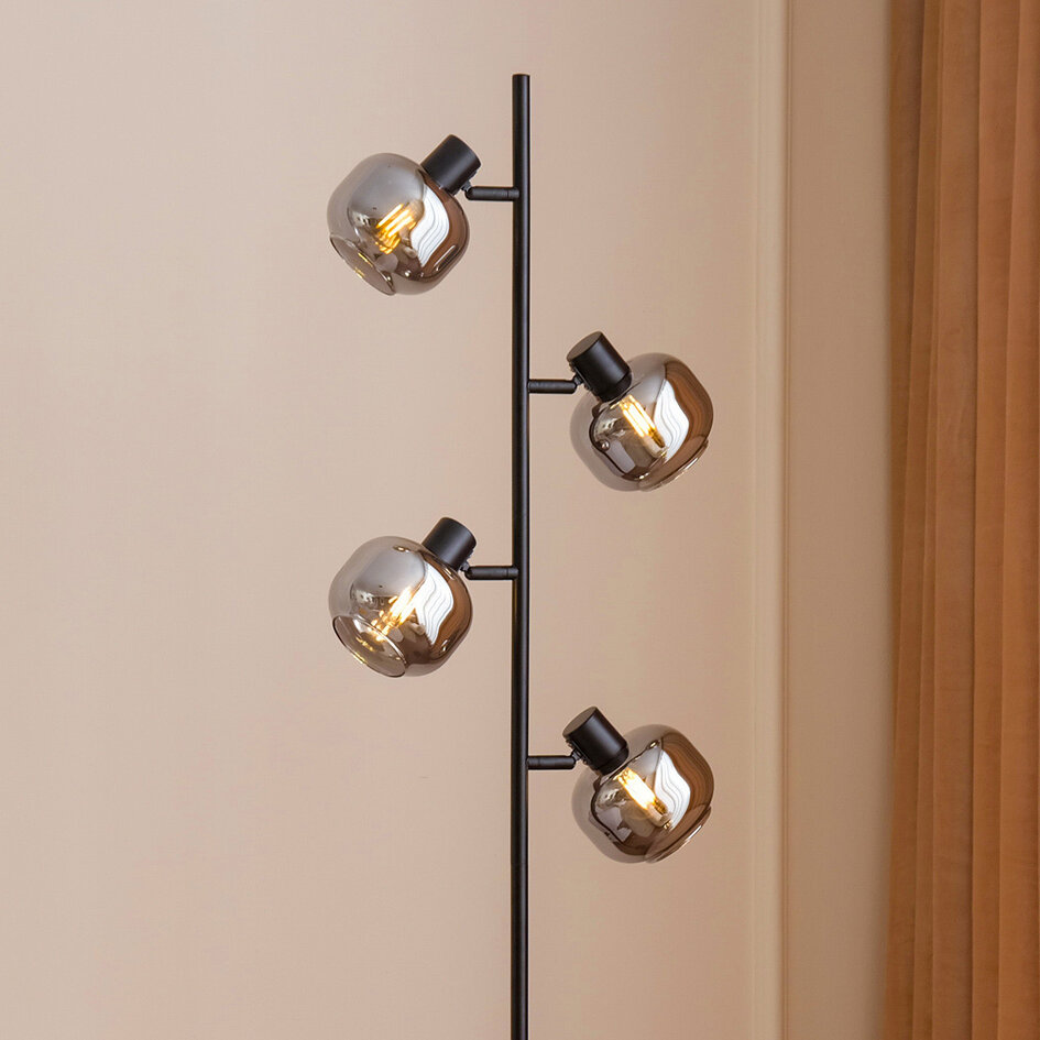 Zwarte staande lamp met smoke grijs glas, 4-lichts - Jesse
