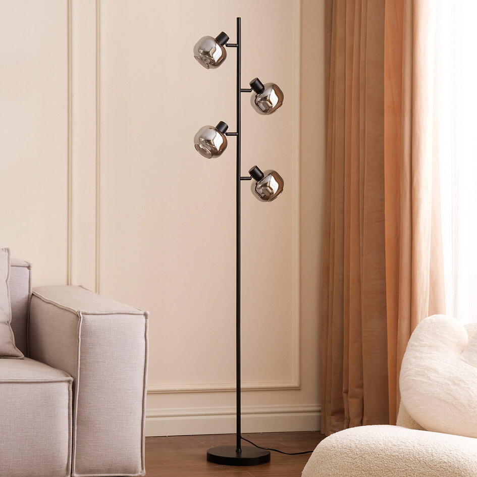 Lampadaire noir avec verre gris fumé à effet miroir, 4 lumières - Jesse