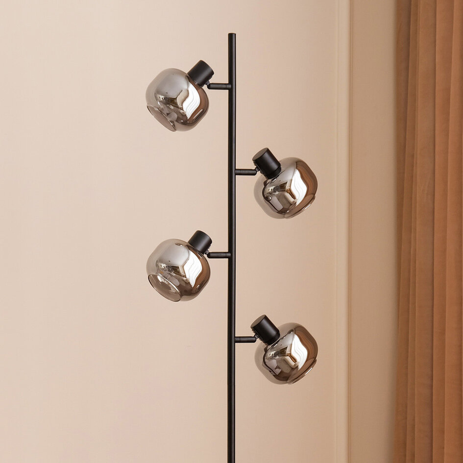 Zwarte staande lamp met smoke grijs glas en spiegeleffect, 4-lichts - Jesse