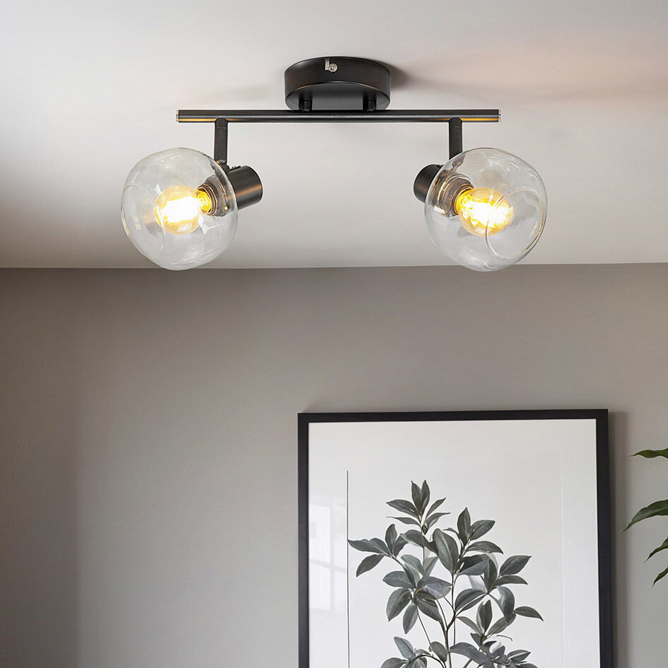 Plafonnier moderne noir avec verre transparent, 2 lumières - Jenthe