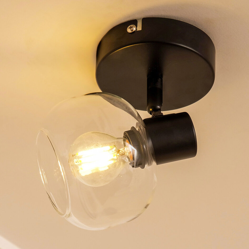 Plafondlamp zwart met transparant glas, 1-lichts - Jenthe