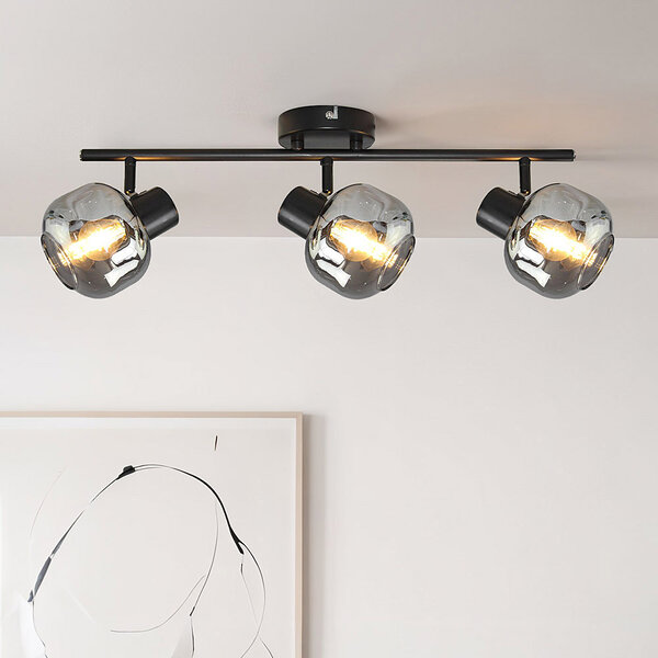 Plafonnier noir avec verre fumé, 3 lumières - Jenthe