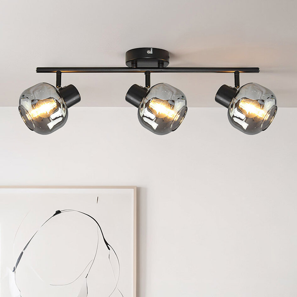 Plafonnier noir avec verre fumé, 3 lumières - Jenthe