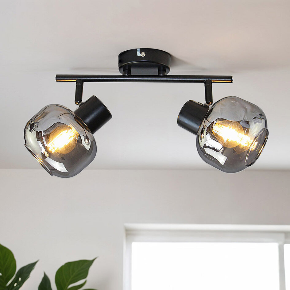 Plafonnier moderne noir avec verre fumé à effet miroir, 2 lumières - Jenthe