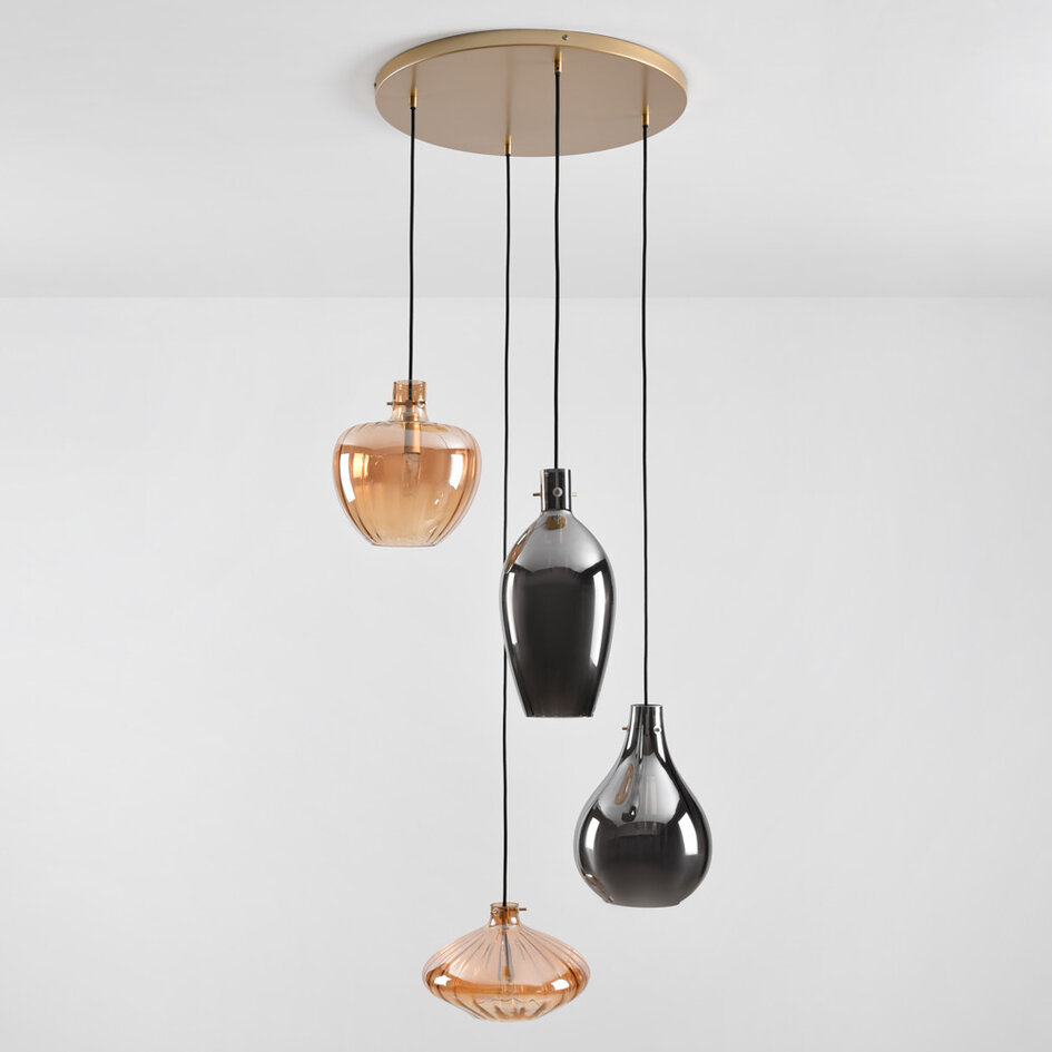 4-lichts hanglamp met amber en smoke glas - Nisa