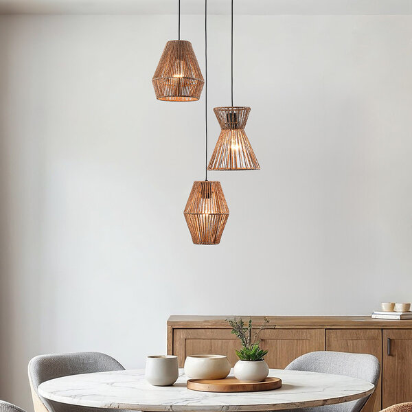 Lampe suspendue bohème avec corde tressée, 3 lumières - Tiga