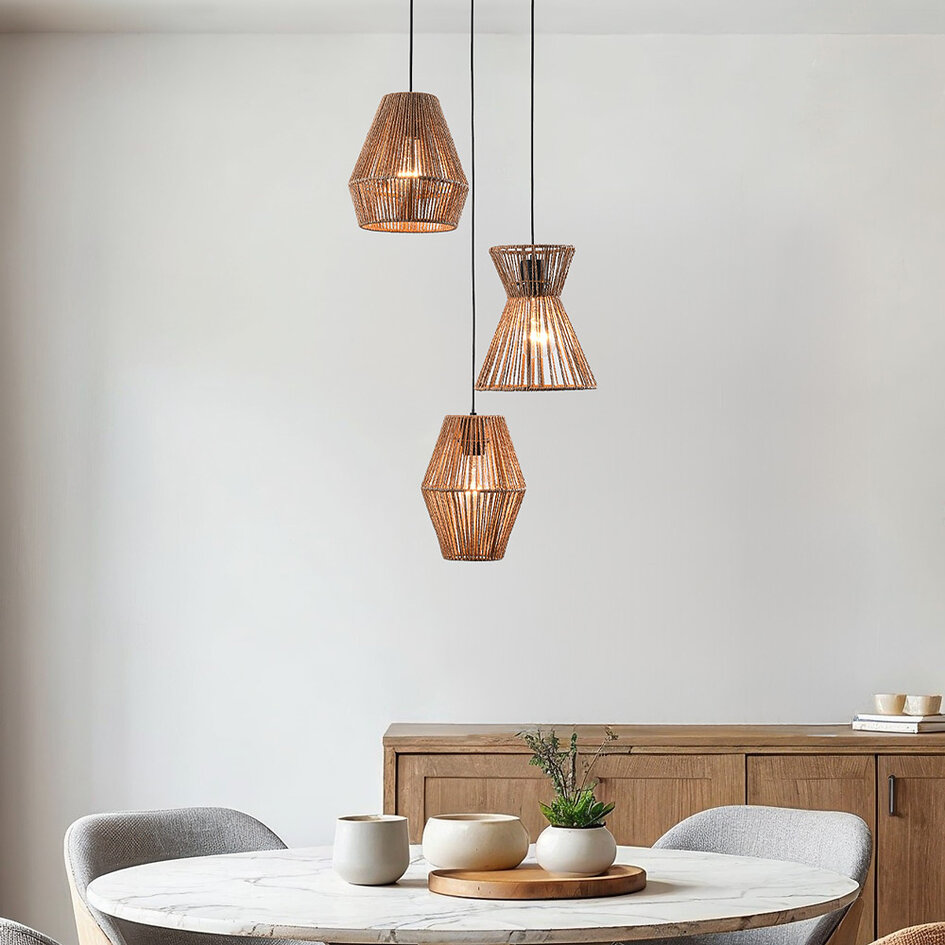 Lampe suspendue bohème avec corde tressée, 3 lumières - Tiga
