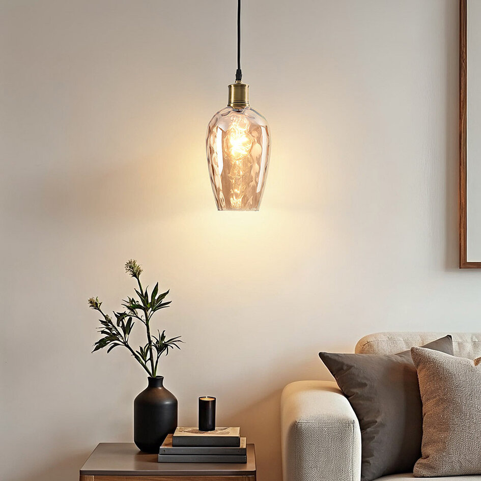 1-lichts hanglamp Verona amber - langwerpig bolling glas