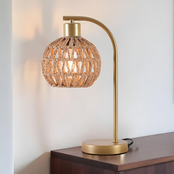 Lampe de table dorée avec abat-jour en rotin - Kora