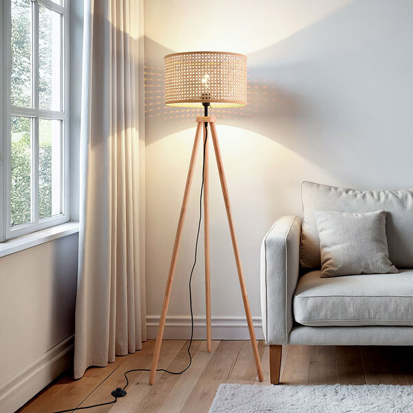 Lampadaire en bois trépied avec abat-jour en rotin - Vime