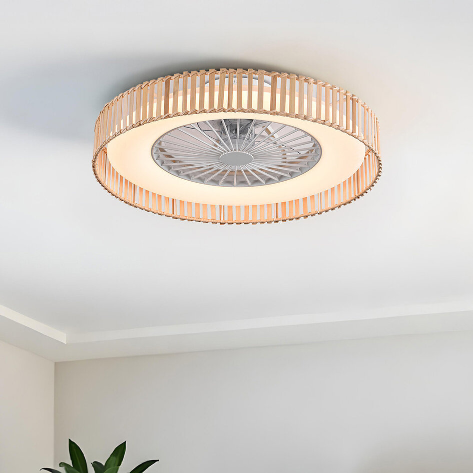 Plafondventilator Cakir met stereffect en aanpasbare kleurtemperatuur - lichtbruine bamboe kap