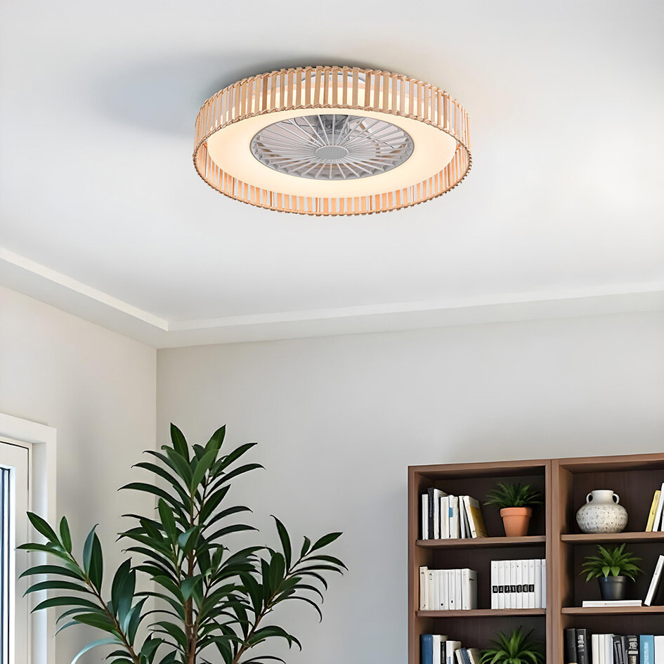 Ventilateur de plafond Cakir avec effet stéréo et température de couleur réglable - abat-jour en bambou brun clair