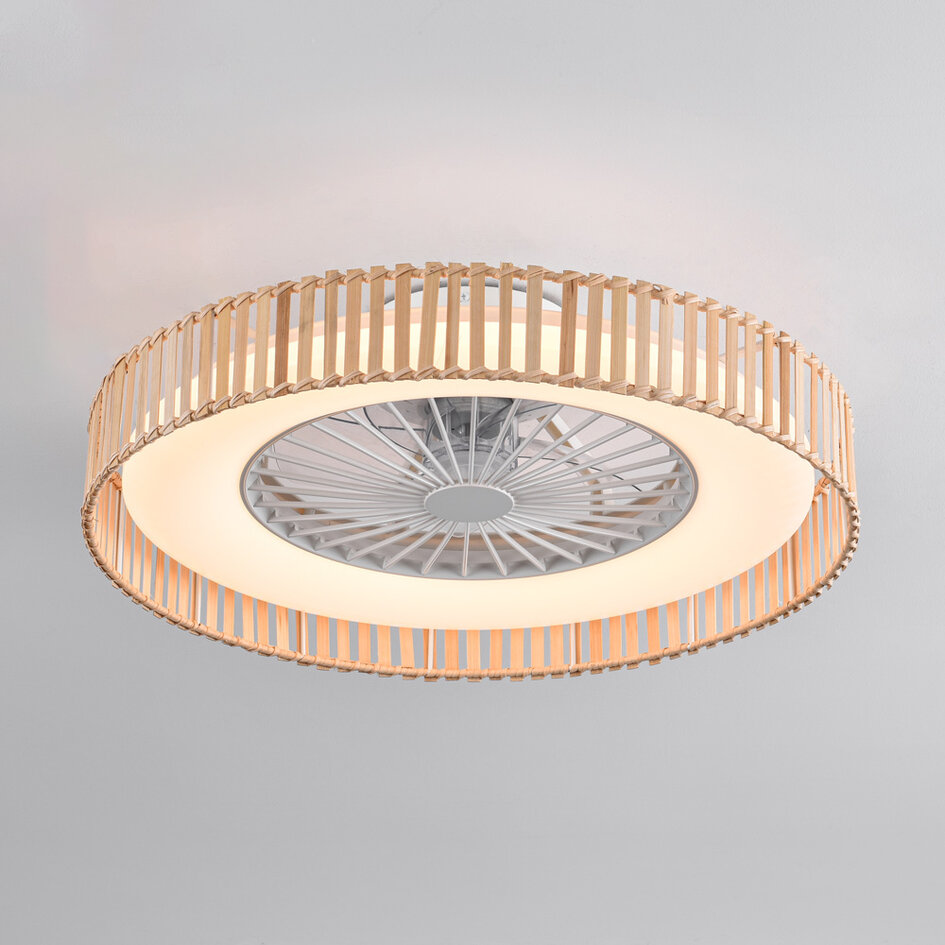 Plafondventilator Cakir met stereffect en aanpasbare kleurtemperatuur - lichtbruine bamboe kap