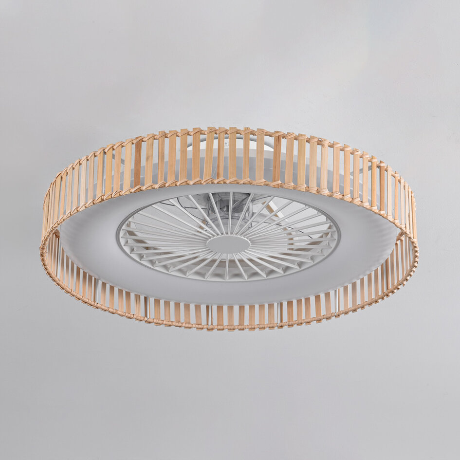 Plafondventilator Cakir met stereffect en aanpasbare kleurtemperatuur - lichtbruine bamboe kap