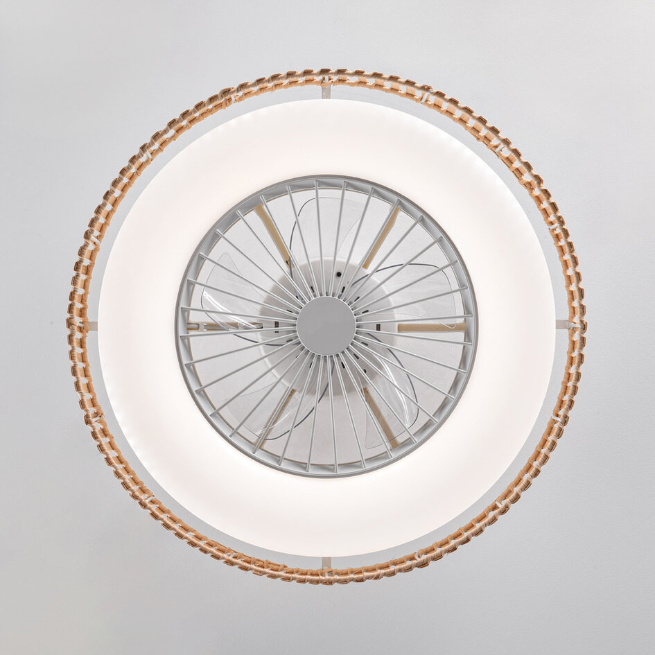 Ventilateur de plafond Cakir avec effet stéréo et température de couleur réglable - abat-jour en bambou brun clair
