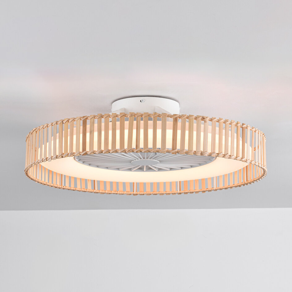 Plafondventilator Cakir met stereffect en aanpasbare kleurtemperatuur - lichtbruine bamboe kap
