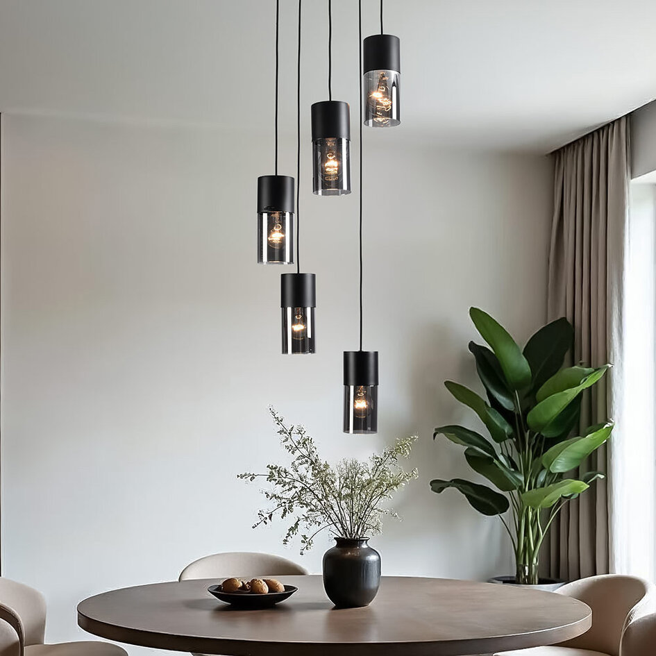Lampe suspendue industrielle noire avec verre fumé, 5 lumières - Cortado