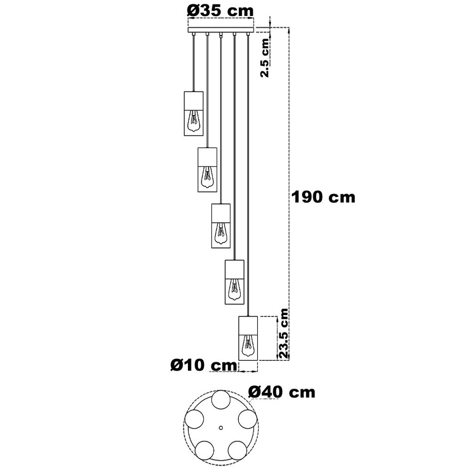 Lampe suspendue industrielle noire avec verre fumé, 5 lumières - Cortado