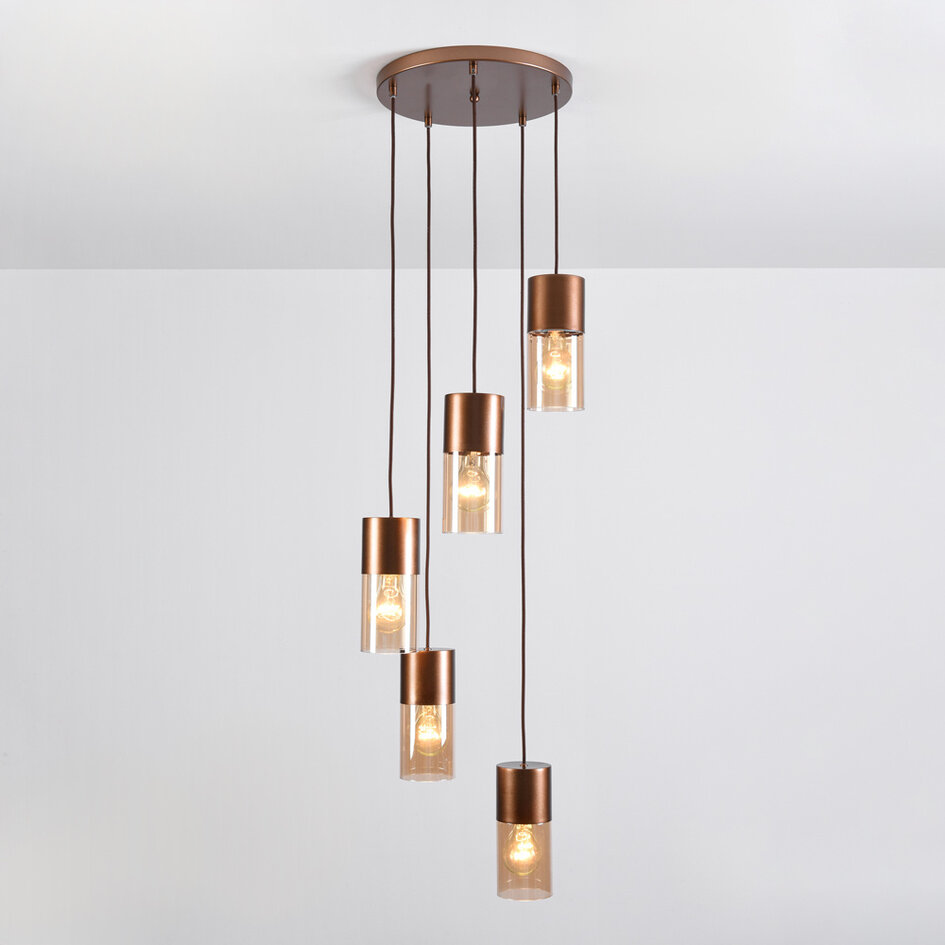 Suspension design à 5 lumières marron café avec verre ambré - Cortado