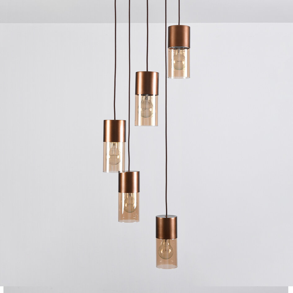 Suspension design à 5 lumières marron café avec verre ambré - Cortado