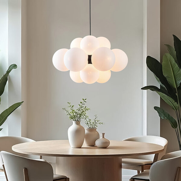 Lampe suspendue moderne 12 lumières noire avec verre blanc laiteux - Decadi