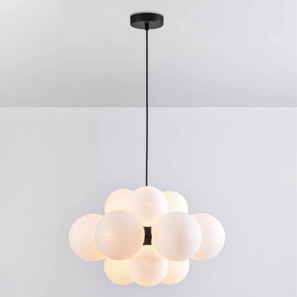 Lampe suspendue moderne 12 lumières noire avec verre blanc laiteux - Decadi