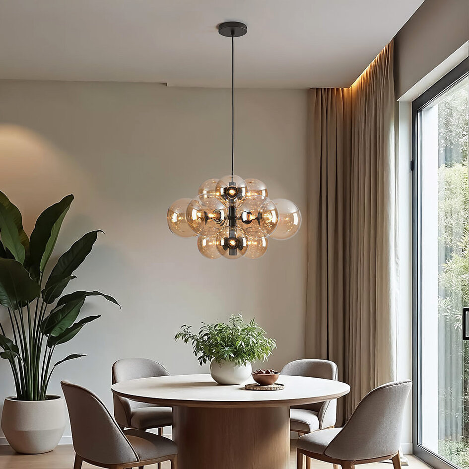 Lampe suspendue 12 lumières noire avec verre ambré - Decadi