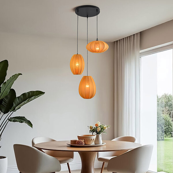 3-lichts japandi hanglamp met oranje stoffen lampionnen - Fabrica