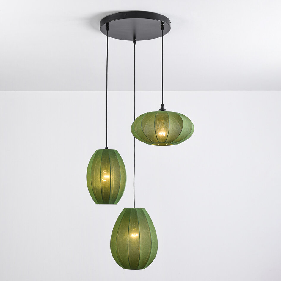 Suspension japandi à 3 lumières avec lanternes en tissu vert - Fabrica