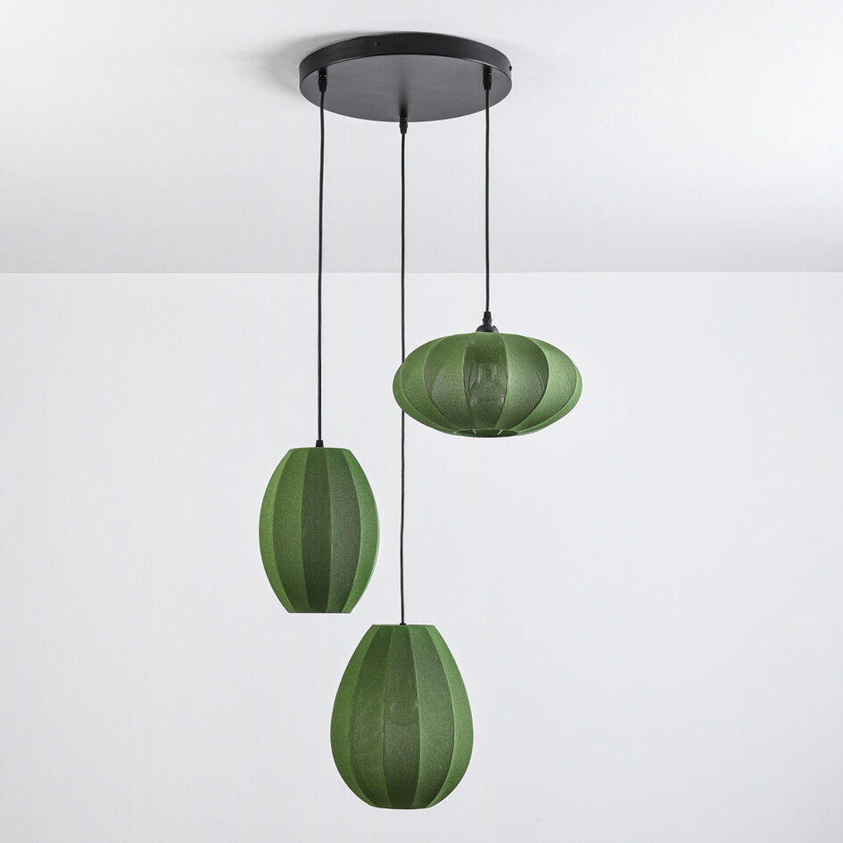 Suspension japandi à 3 lumières avec lanternes en tissu vert - Fabrica
