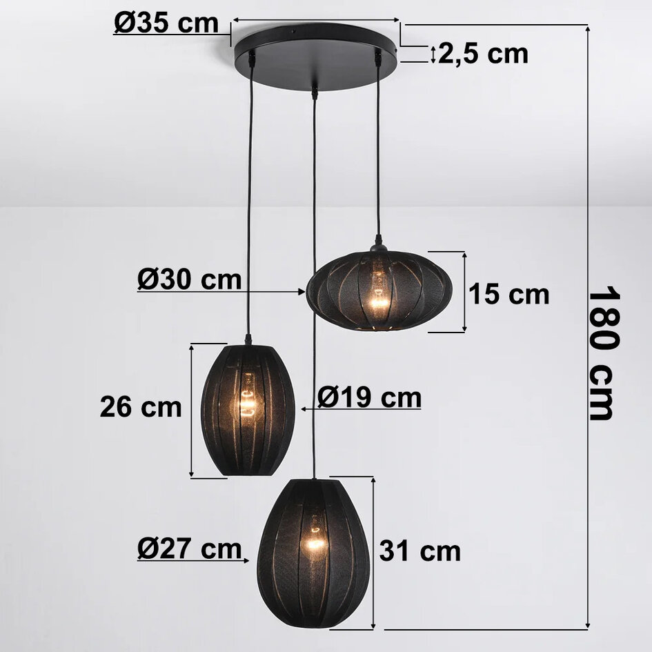 Suspension japandi à 3 lumières avec lanternes en tissu noir - Fabrica