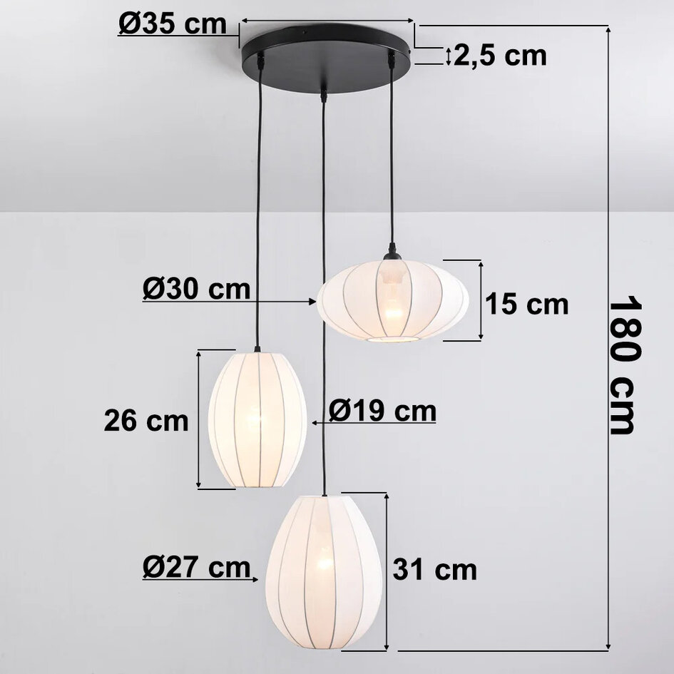 Suspension japandi à 3 lumières avec lanternes en tissu blanc - Fabrica