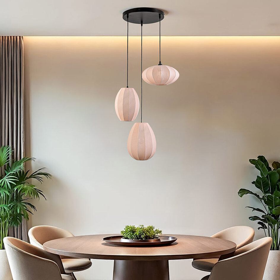 Suspension japandi à 3 lumières avec lanternes en tissu beige - Fabrica