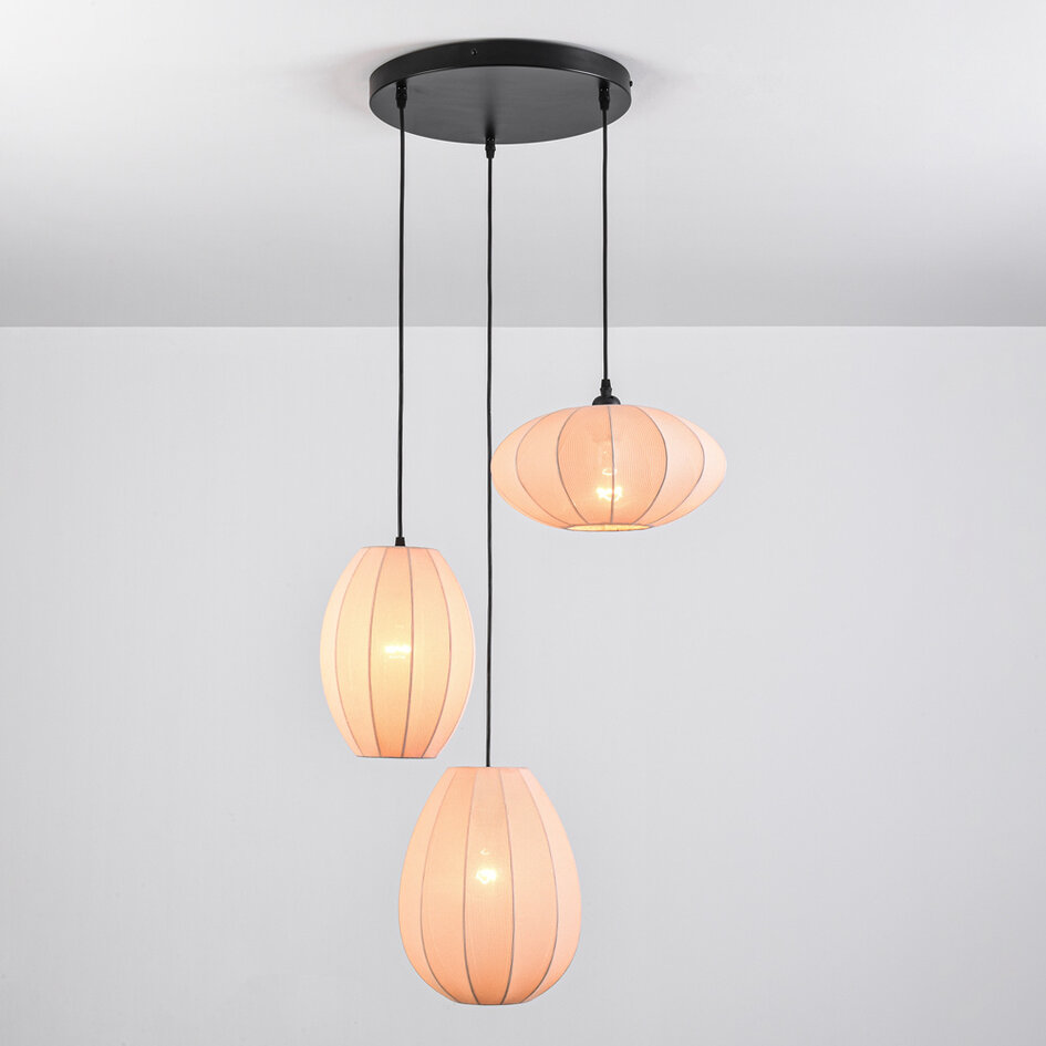 Suspension japandi à 3 lumières avec lanternes en tissu beige - Fabrica