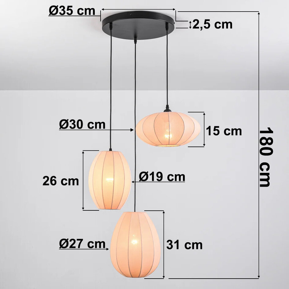 Suspension japandi à 3 lumières avec lanternes en tissu beige - Fabrica