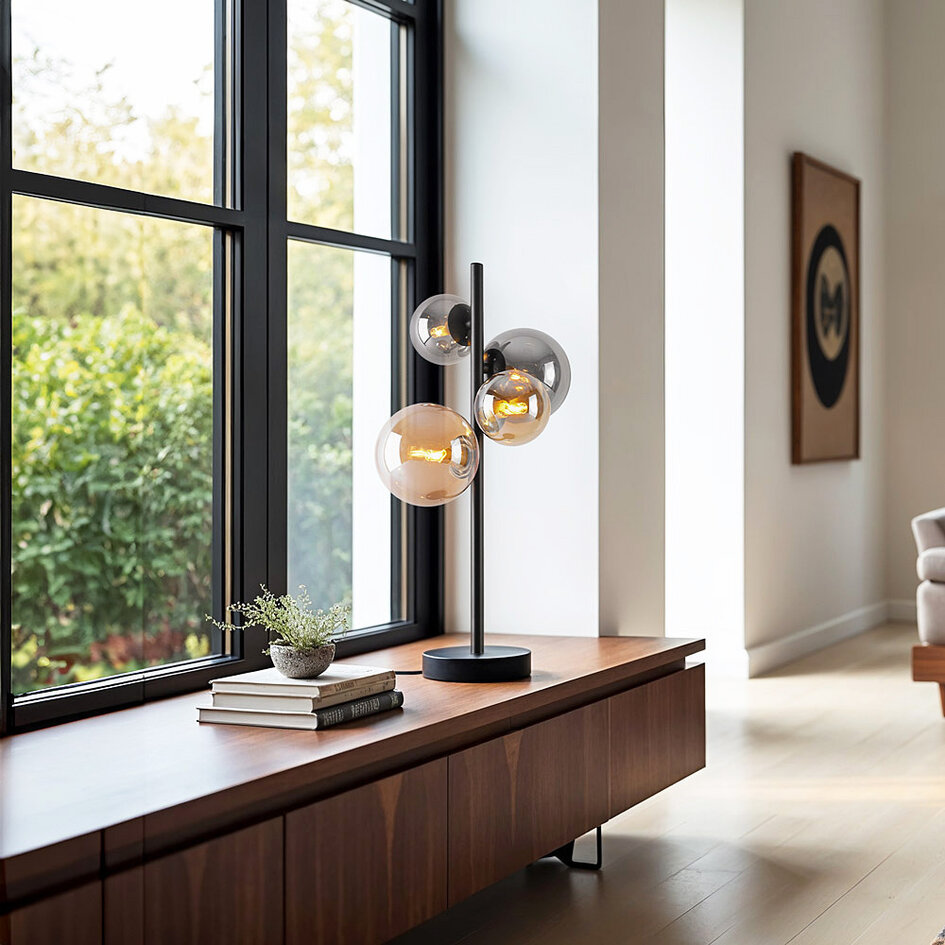 Lampe de table design Tessera noir avec verre ambré et fumé, 4 lumières