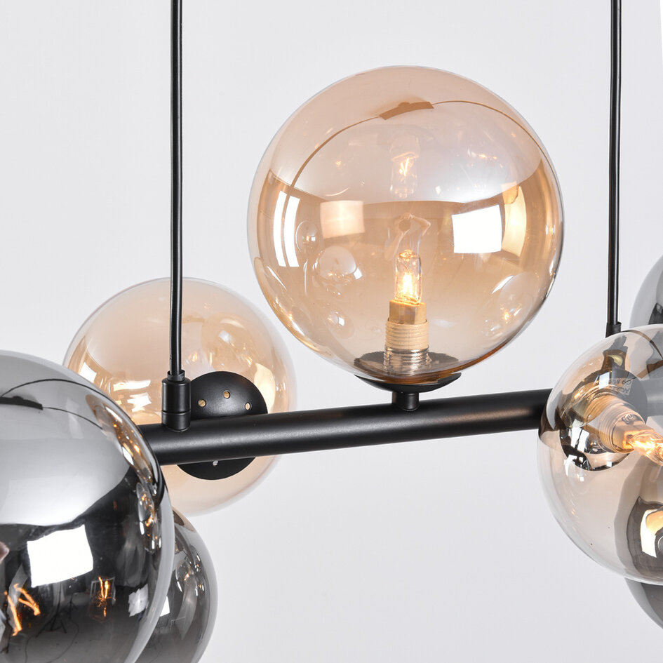 Design hanglamp Deka zwart met amber en smoke glas, 10-lichts
